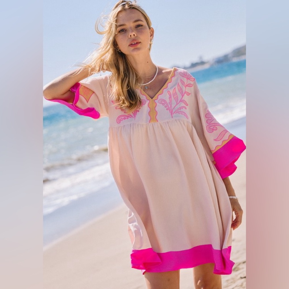 Neon Pink Beige floral Embroidered V neck boho bohemian casual chic dress - Picture 2 of 3